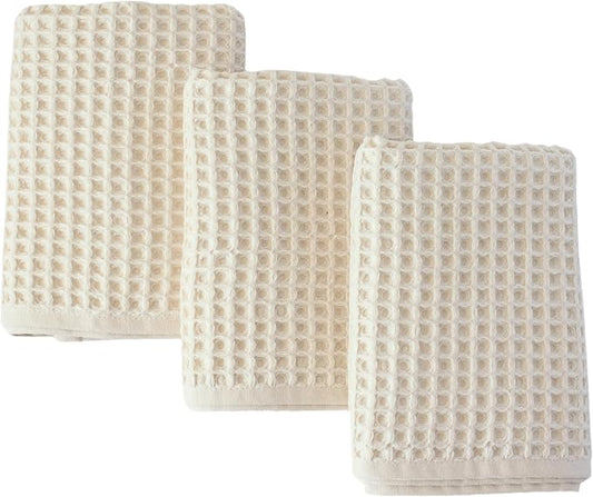 PÜSKÜL Organic Waffle Kitchen Towel Pure 100% Turkish Cotton Set of 3 Natural Raw-Undyed Towel - Premium Quality Soft Quick-Dry Absorbent Lint-Free Hand & Dish Towels Large 32X16 (3, Natural Beige)