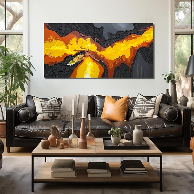 Abstract Lava Flow Canvas Wall Art for Living Room, Black and Gold Yellow Wall-Decor for Bedroom, Modern Textured Volcanic Landscape Paintings for Hallway Office, Size 58x29 Inches Hand Painted
