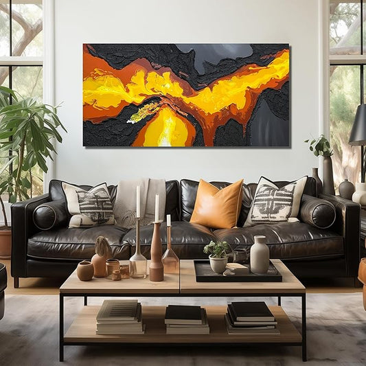 Abstract Lava Flow Canvas Wall Art for Living Room, Black and Gold Yellow Wall-Decor for Bedroom, Modern Textured Volcanic Landscape Paintings for Hallway Office, Size 58x29 Inches Hand Painted