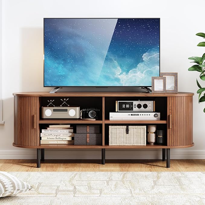 55" TV Stand with Power Outlet, Mid-Century Modern Television Stand, Fluted Media Console with Sliding Doors, Entertainment Center for TVs up to 60 Inch, Adjustable Shelves, Walnut