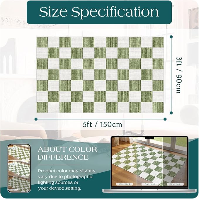 Green White Checkered Entry Rug - 3x5 Ft Non-Slip Washable Indoor Outdoor Front Door Mat Outside Entrance Porch Rug Geometric Rugs for Living Room Bedroom Entryway Kitchen Office Porch Decor