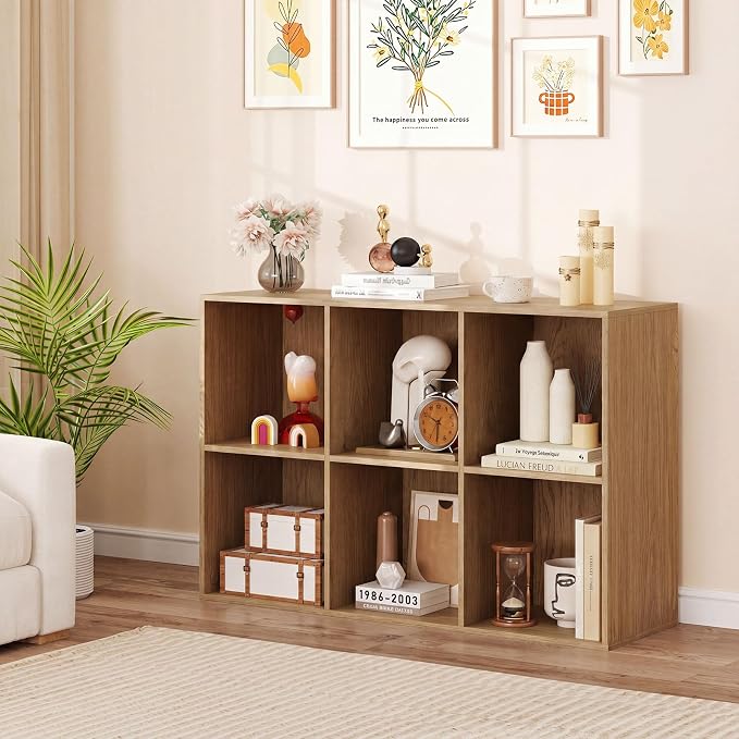 Tangkula 6-Cube Bookcase, Large Floor Standing Horizontal Bookshelf with 6 Open Shelves & 2 Anti-Tipping Kits, Home Office Wooden Storage Book Shelf for Living Room, Study (Natural, 6-Cube)