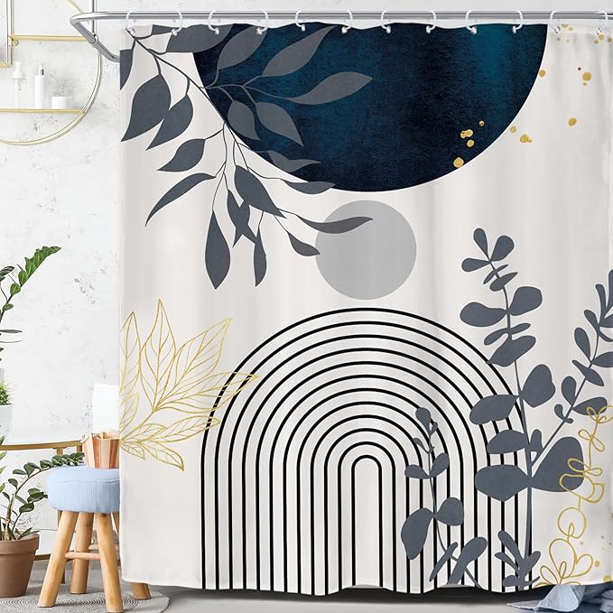 Riyidecor Navy Blue Modern Boho Shower Curtain for Bathroom Decor 60Wx72H Bohemian Abstract Arch Leaves Geometric Simple Contemporary Art Printed Fabric Polyester Waterproof 12 Pack Plastic Hooks