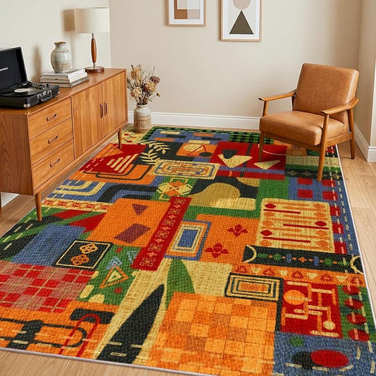 Washable 5x7 Colorful Abstract Area Rug, Boho Patchwork Rugs for Living Room, Multi-Color Modern Memphis-Inspired Throw Carpet, Non-Slip Low Pile Rug for Bedroom Dining Room Office Home Hardwood Floor