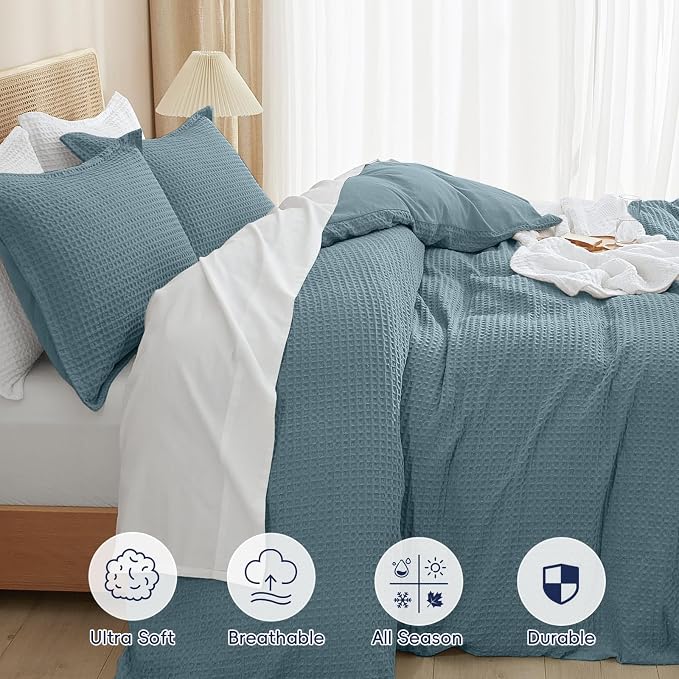 PHF Waffle Duvet Cover Set King Size, No Snagging Ultra Soft Luxury Textured Breathable Comforter Cover for All Season 3pcs, Durable Bedding Duvet Set with 2 Pillow Shams, 104"x90", Stormy Blue