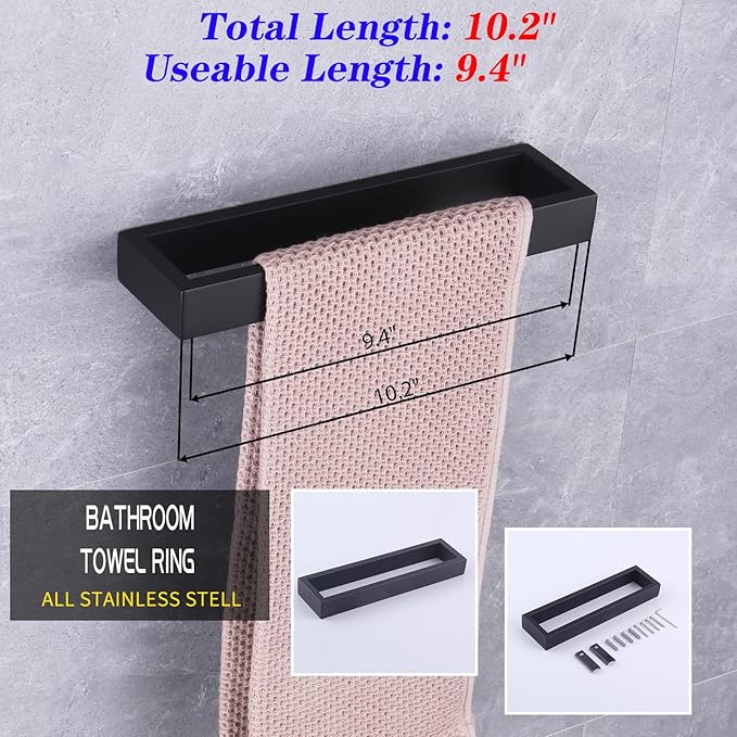 GERZWY Bathroom Accessory 4-Piece Set SUS 304 Stainless Steel Towel Bar Toilet Paper Holder Towel Ring Towel Hooks Wall Mount, Matte Black HG1708-4BK