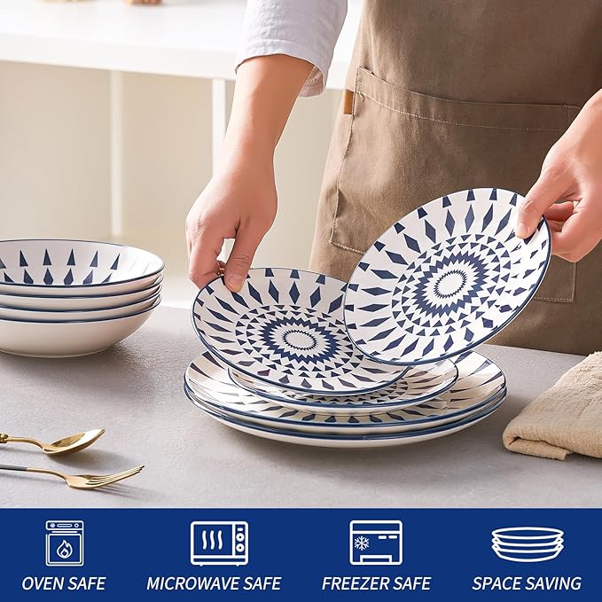 Bestone Ceramic 12-Pieces Dinnerware Sets, Ceramic Dish Plates and Bowls Sets, Dishes Set for 4, Dinner Salad Dessert Plates, and Cereal Bowls Set, Gift,Vintage Blue