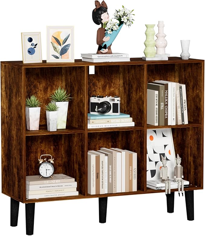 6 Cube Bookcase, Wooden Book Shelf Cube Storage Organizer with Legs, 2 Tier Bookshelf Freestanding Open Shelves for Home Office, Living Room, Bed Room (Brown, 6 Cube Horizontal)