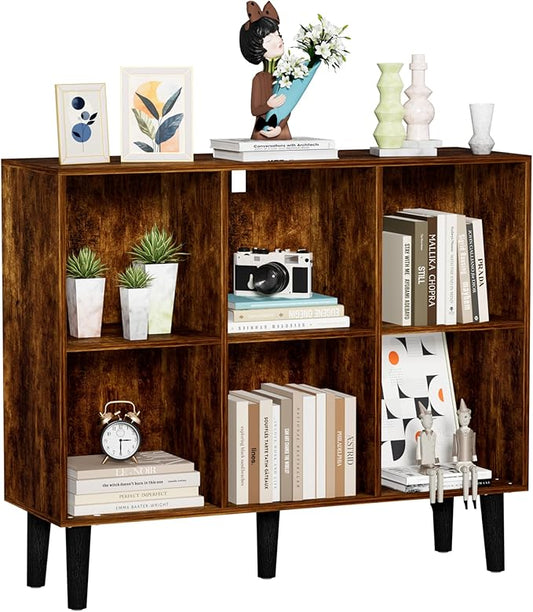 6 Cube Bookcase, Wooden Book Shelf Cube Storage Organizer with Legs, 2 Tier Bookshelf Freestanding Open Shelves for Home Office, Living Room, Bed Room (Brown, 6 Cube Horizontal)