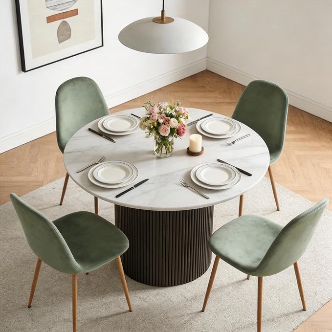 Dining Table Set for 4, Mid Century Modern 47 Inch White Marble-Look Wooden Round Dining Table Set, Space Saving (Table + 4 Green Chairs)