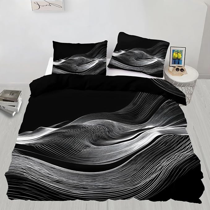 Black White Duvet Cover King Size, Psychedelic White Wavy Stripes Bedding Set 3 Piece, Modern Abstract Geometric Line Patterned Comforter Cover with Zipper Soft Microfiber, 2 Pillowcases
