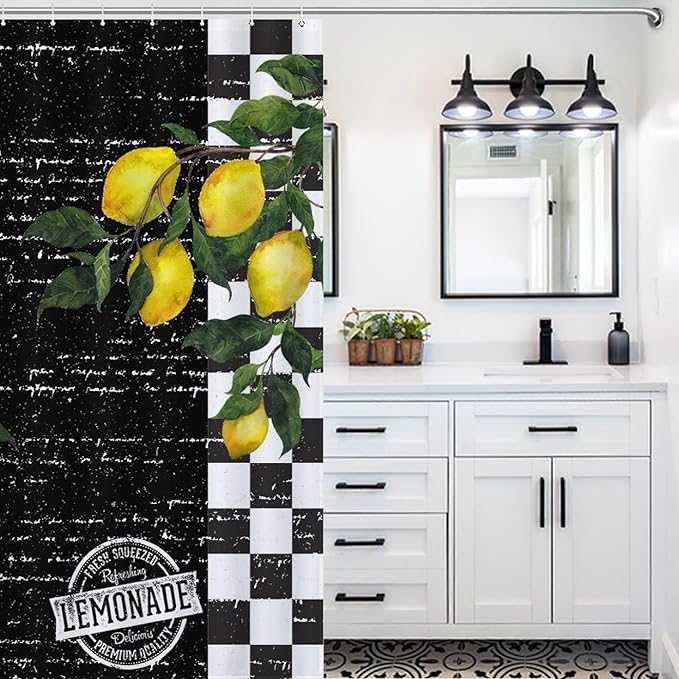 Vintage Lemon Checked Shower Curtains, Black and White Grid Summer Tropical Lemon Waterproof Shower Curtains for Bathroom Decor 12 Pack Hooks 66x72in（168x183cm）
