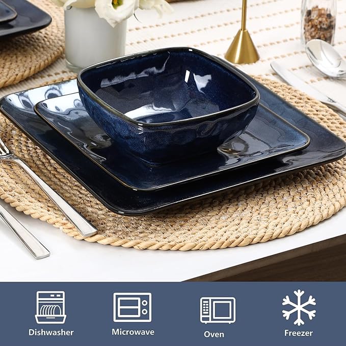 vicrays Ceramic Square 12 Pieces Dinnerware Set - Dinner Plates Salad Plates Cereal Bowls Set Service for 4 - Scratch Resistant Microwave Oven Dishwasher Safe - Blue