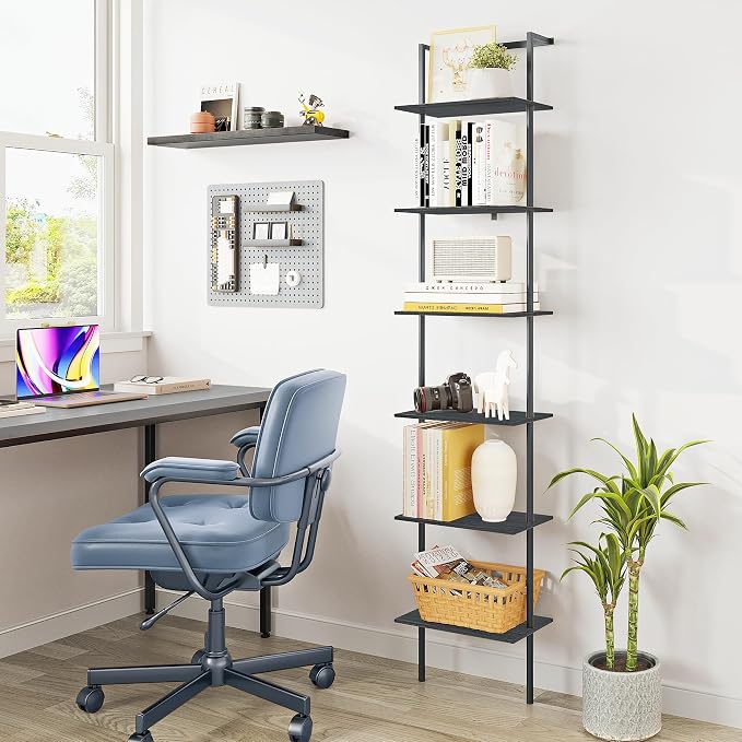 6-Tier Ladder Shelf, 77 Inches Wall Mounted Ladder Bookshelf with Metal Frame, Wood Tall Open Storage Rack and Display Shelves for Home Office Bedroom Living Room, Black