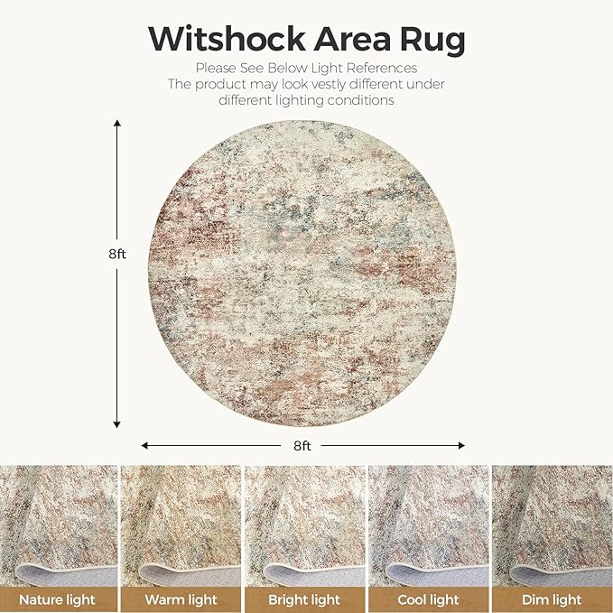 WITSHOCK 8ft Round Area Rug for Living Room: 8x8 Washable Neutral Modern Abstract Soft Thin Rug Indoor Floor No Slip Rug Carpet for Bedroom Under Dining Table Home Office Decor (Rust Color)