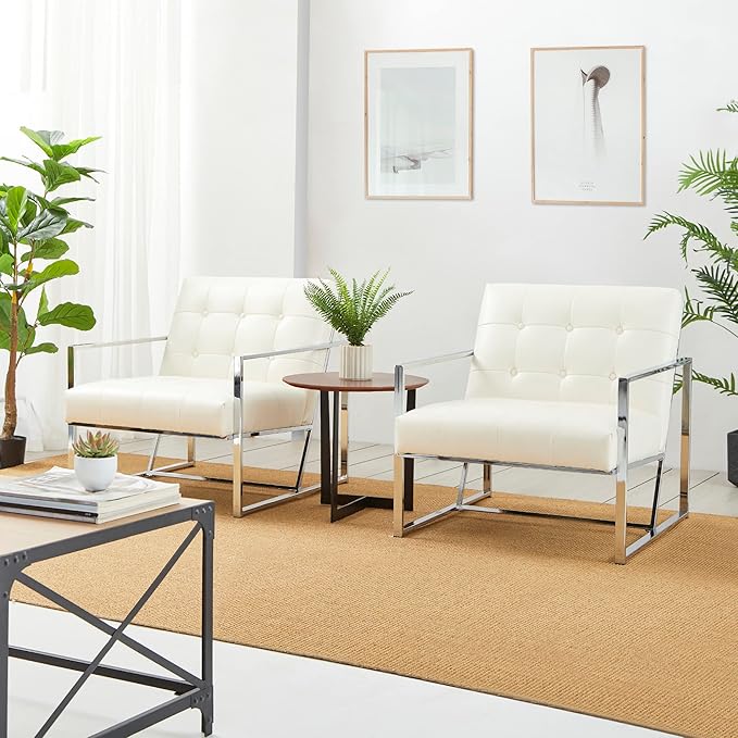 Glitzhome Mid Century Modern Accent Chairs Set of 2, Modern Living Room Chairs with Durable Metal Frame,PU Leather Cushioned, Reading Armchairs for Living Room, Bedroom, Home Office, Off White