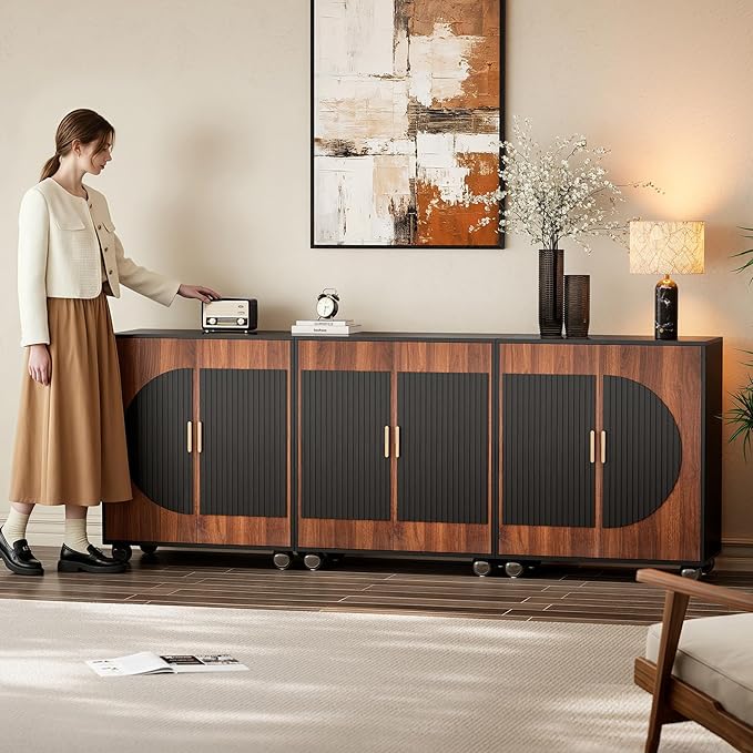 87" Fluted Modular Buffet Cabinet with Storage, Modern Sideboard Credenza w/Adjustable Shelves, Large Coffee Bar Media TV Console Table for Living Room/Dining Room/Kitchen/Entryway, Walnut