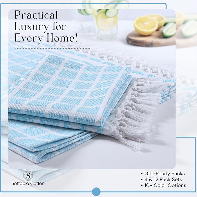 4 Pack Combo Colors Matrix Kitchen Towels, 100% Cotton, 16"x26", Absorbent Tea Towel with Handmade Tassels, Reusable Cleaning Cloths - Lavender, Sandal Yellow, Aqua Blue, Forest Green