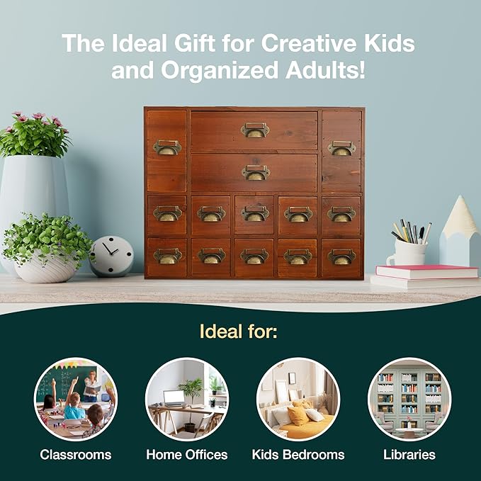14-Drawer Apothecary Cabinet - Index Card Organizer - Miniature Chest of Drawers - Brass Handle Organizer - Kids' Arts and Crafts Storage - Wooden Desktop Drawer Organizer
