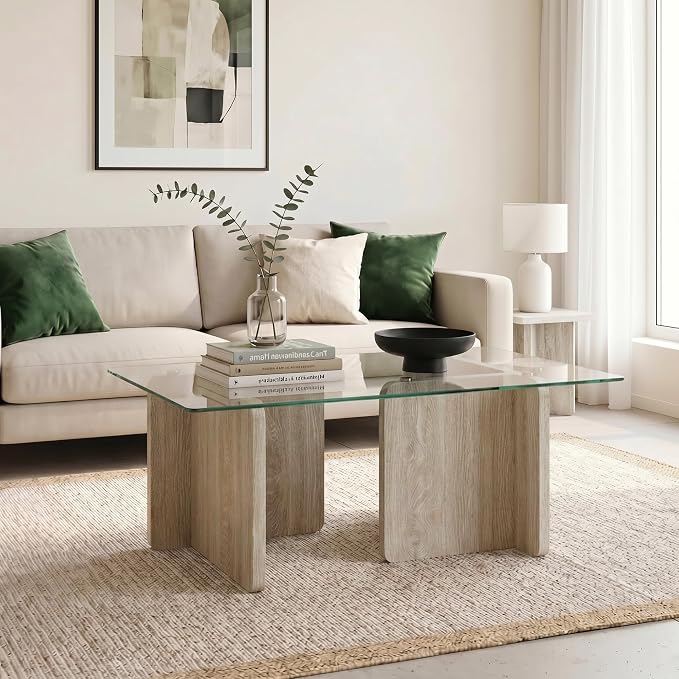 Modern Glass Coffee Table, 39.4 Inches Rectangular Center Tables for Living Room, Coffee Table with Wood Cross Base Easy Assembly Oak