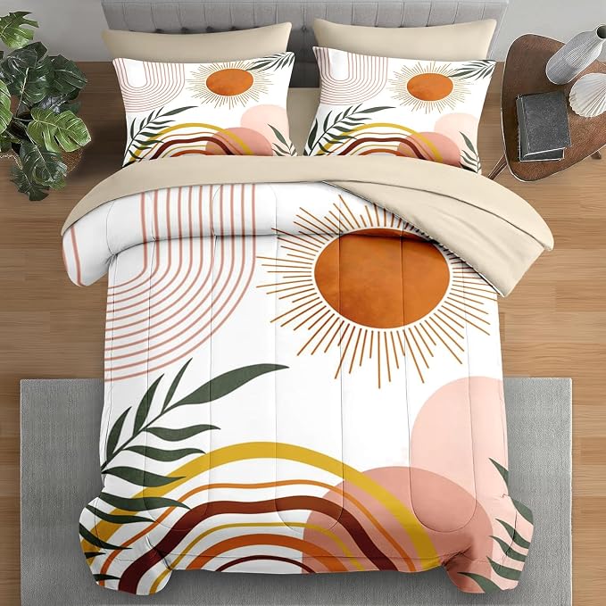 Pamnest 7 Pcs Comforter Set King Size, Boho Sunshine Retro Bedding Set for Kids and Adults, Vintage Bed Sheet Sets with Fitted Sheet 2 Pillowcase & 2 Sham for Bedroom Bed Decor