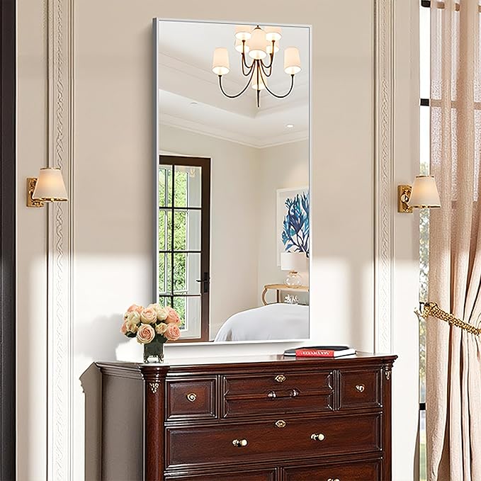 KOCUUY Silver Bathroom Mirror, 48"x24" Rectangle Bathroom Mirror for Wall, HD Tempered Glass, Anti-Rust Brushed Silver Frame, Modern Design for Bathroom, Bedroom, Living Room, Entryway.