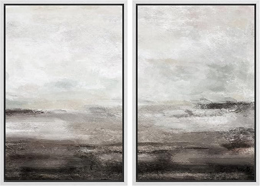 MUDECOR Framed Wall Art Print Set Brown and Gray Grunge Paint Stroke Landscape Abstract Shapes Illustrations Modern Minimalist Chic Relax/Calm for Living Room, Bedroom, Office - 16"x24"x2 White