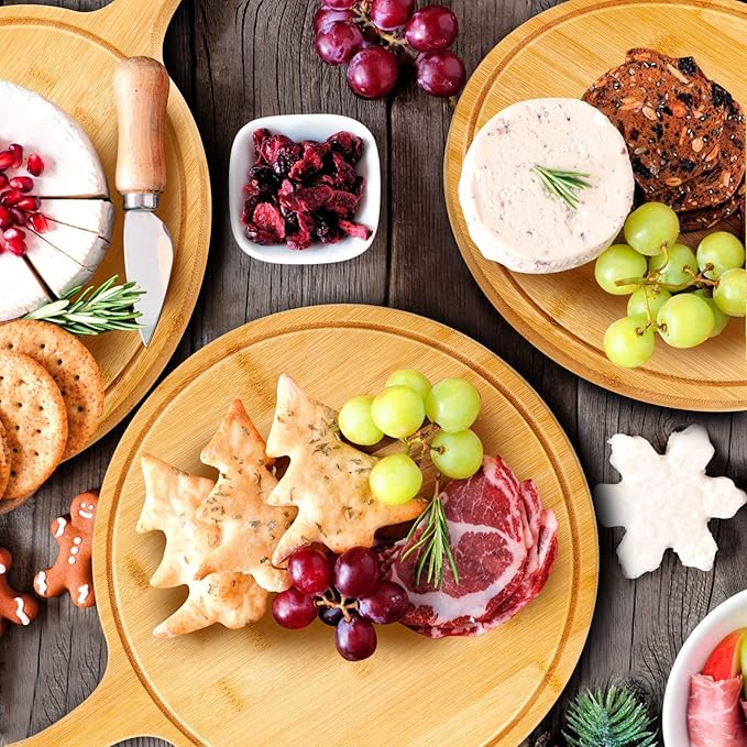 Nuenen 20 Pcs Round Wood Cutting Board with Handle Acacia Bamboo Wooden Serving Kitchen Chopping Boards for Pizza, Bread, Cheese, Charcuterie, Fruit, Vegetables (Bamboo)