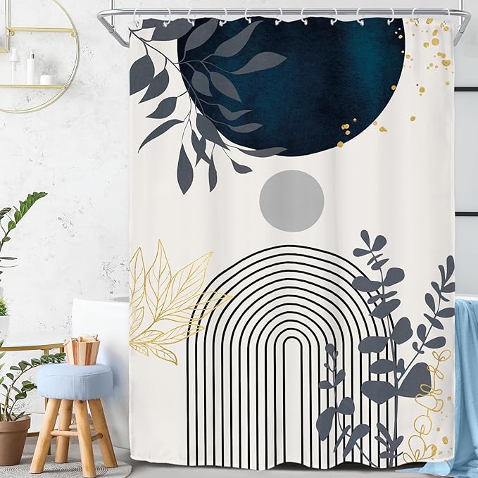 Riyidecor Extra Wide Boho Navy Blue Shower Curtain for Bathroom Decor 54Wx78H Short Plants Abstract Boho Modern Mid Century Art Printed Fabric Polyester Waterproof 12 Pack Plastic Hooks