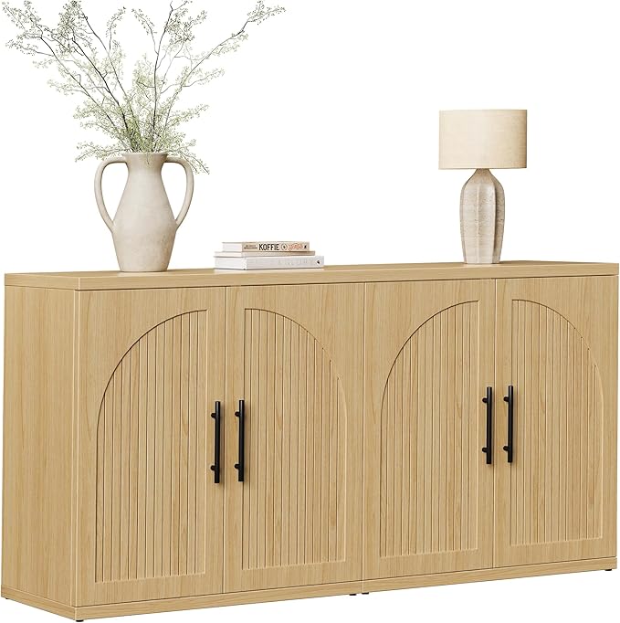 63" Fluted Buffet Cabinet with Storage, Modern Symmetrical Arched Sideboard Credenza with Adjustable Shelf, Elegant Wood Console Table for Dining Room, Kitchen, Living Room(Oak)