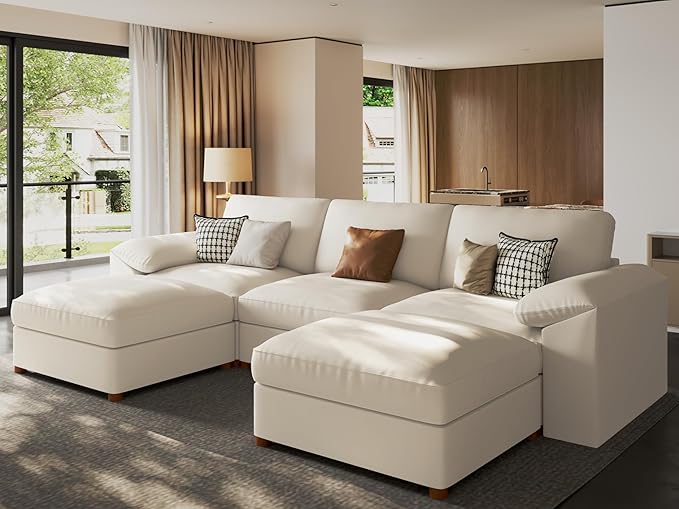 EASE MOOSE Deep Seat Sectional Couch, Scratch Resistant Faux Leather Material, 5-Seat Oversized Modular Sofa for Living Room,U Shaped Modern Comfy Sofas,Beige