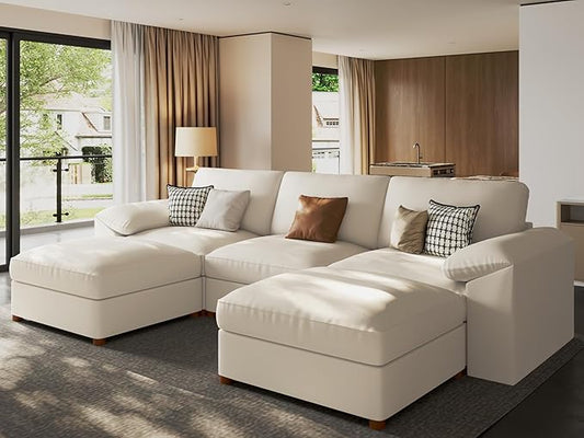 EASE MOOSE Deep Seat Sectional Couch, Scratch Resistant Faux Leather Material, 5-Seat Oversized Modular Sofa for Living Room,U Shaped Modern Comfy Sofas,Beige