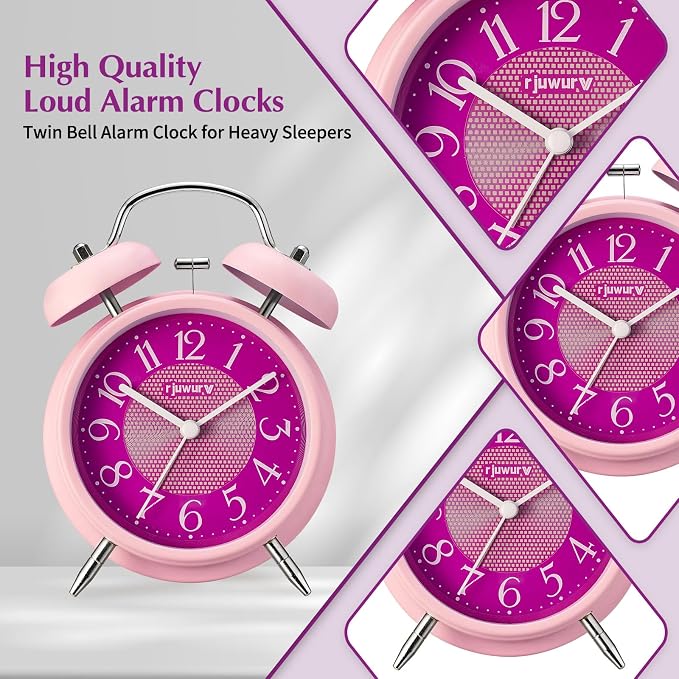 rjuwurv 4" Loud Alarm Twin Bell Alarm Clock, Night Light, Desk Clock Table Alarm Clock Bedroom Alarm Clock(Pink Power)