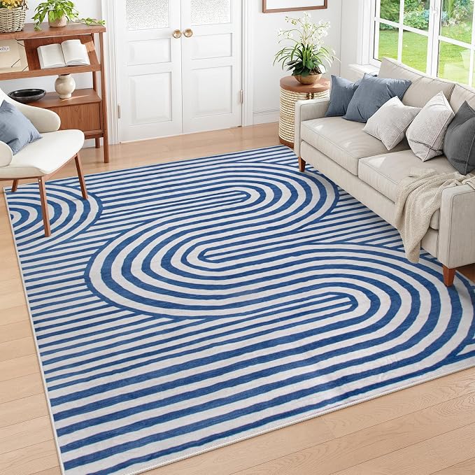Lahome Modern Washable Area Rugs 5x7, Blue and White Rugs for Bedroom Ultra-Thin Non-Shedding, Abstract Living Room Rugs Stain Resistant Geometric Large Carpet for Kids Office Dorm Alba(5'X7',Blue)