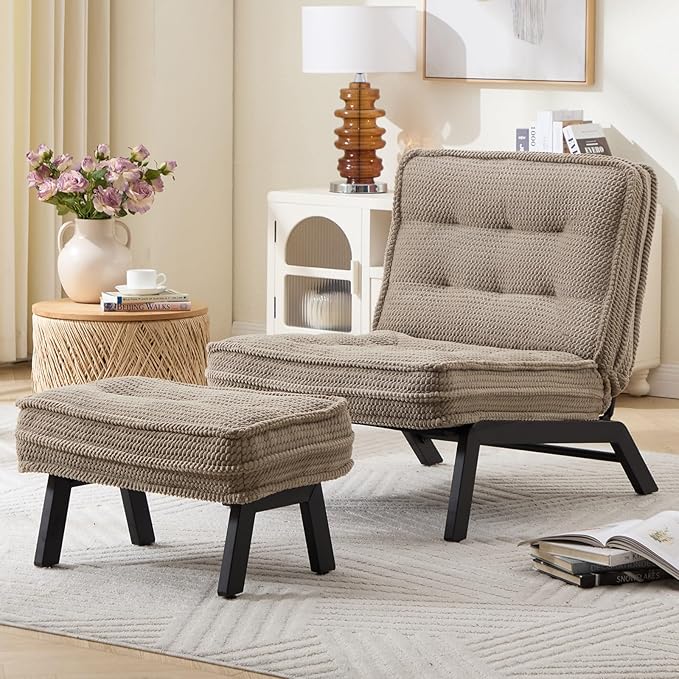 ANJ Accent Chair with Ottoman Adjustable Backrest, Khaki Living Room Chair Tufted Upholstered Lounge Chair with Footrest Set, Modern Chair Cozy Reclining Chair for Reading Room Bedroom