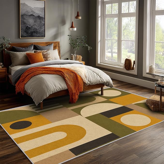 Olive Bauhaus Area Rug 4x6, Mid Century Modern Geometric Rug, Mustard Green Abstract Color Block Washable Low Pile Non Slip Rug for Living Room Bedroom