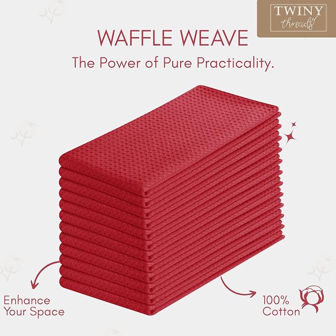 TWINY threads Kitchen Towel Waffle Weave, 6 Pack, 16x26 Inches, Premium Cotton Wash Rags, Absorbent Quick Drying Linen for Home and Restaurant Kitchens, Reusable Dish Cloths for Drying Dishes, Red