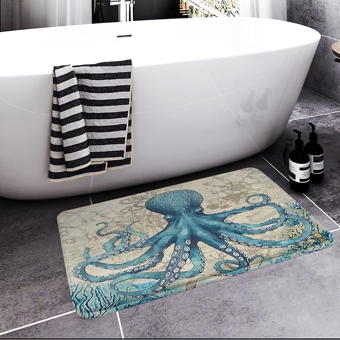 Britimes Blue Bath Mat for Bathroom Sea Theme Octopus Washable Floor Rug Carpets Floor Mat Bathroom Decorations 16x24 inches for Kitchen Bedroom Indoor