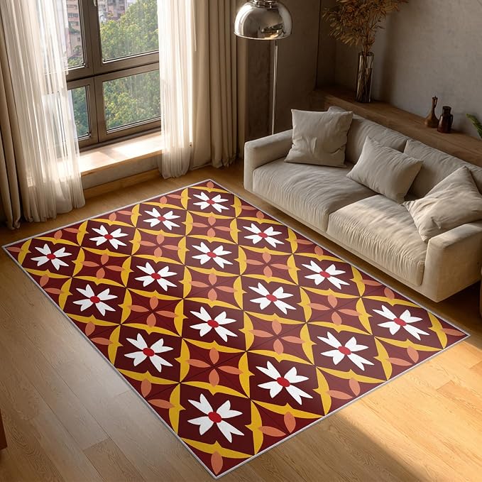 Geometric Flower Rugs for Home Decor, 7x9 ft, Mid Century Modern Area Rugs for Living Room, Soft Non Slip Washable Retro Floral Carpet Bedroom Decorations Dt-Ghf-69
