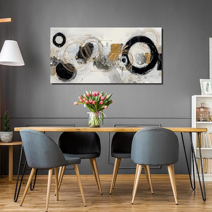 Abstract Circle Canvas Wall Art for Office Modern Wall Decor for Dining Room Black White Gold Pictures Wall Art for Bedroom Size 24 x 48 Inch