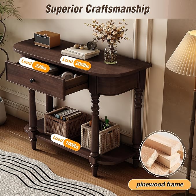 SOFTSEA Retro Curved Console Table with Drawer and Bottom Shelf, 36 inch Half Moon Entryway Table for Living Room Hallway, Espresso