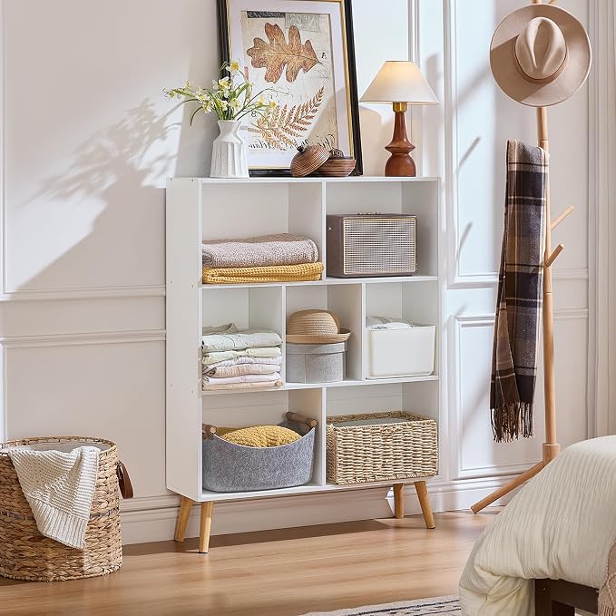 LEYAOYAO Cube Bookshelf 3 Tier Mid-Century White Modern Bookcase with Legs,Retro Wood Bookshelves Storage Organizer Shelf,Freestanding Open Book Shelves for Bedroom,Living Room,Office