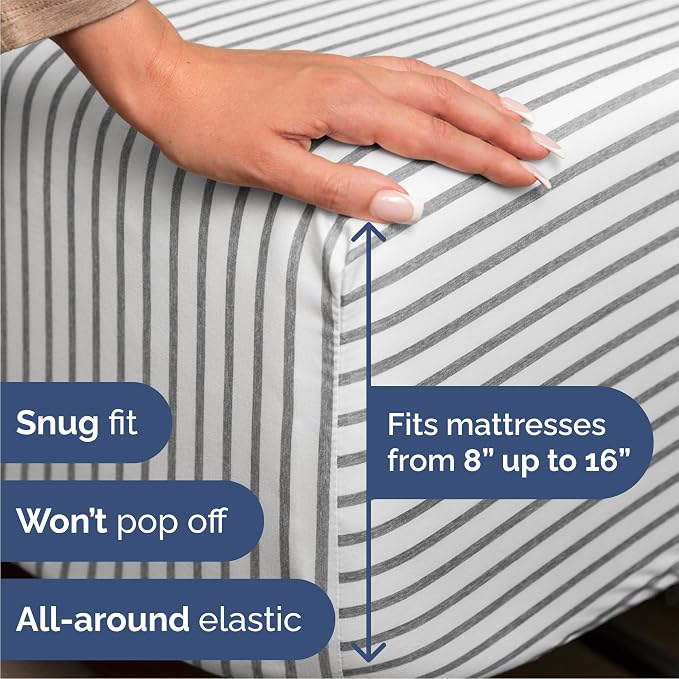 Queen Size 4 Piece Sheet Set - Comfy Breathable & Cooling Sheets - Hotel Luxury Bed Sheets for Women & Men - Deep Pockets, Easy-Fit, Soft & Wrinkle Free Sheets - Grey Stripes Oeko-Tex Bed Sheet Set