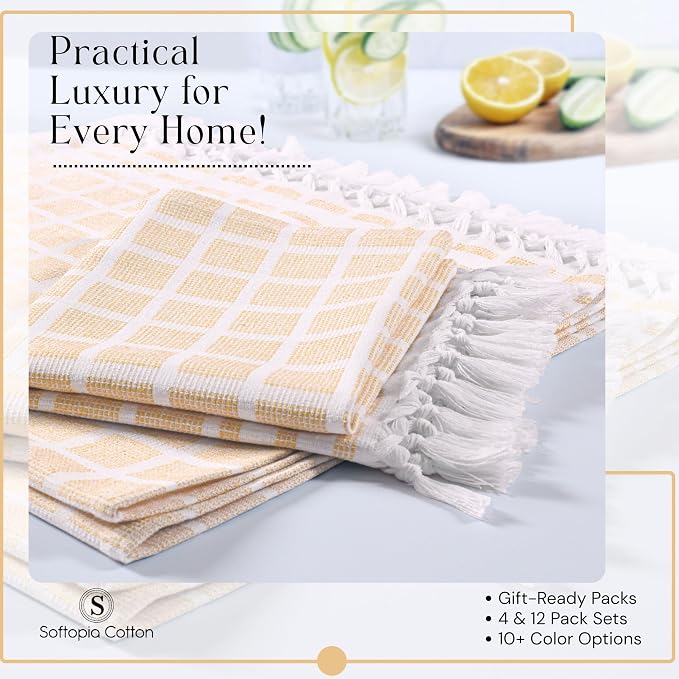 Matrix Dobby Kitchen Towels 4 Pack, 100% Cotton, 16x26 Inches, Absorbent Tea Towels with Handmade Tassels, Reusable Washable Cloths for Quick Drying and Cleaning - Pale Yellow, White