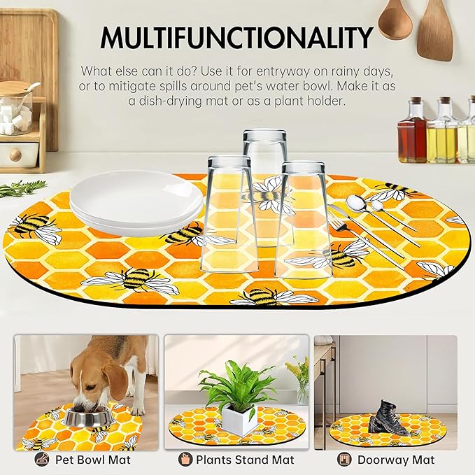 Diatomaceous Mud Bath Mat Yellow Honeycomb and Bees Oval Soft Wrinkle Free Bathroom Floor Rugs Non-Slip Super Absorbent Fast Drying Bath Rug for Bathroom Kitchen Door Mat 23.6x15.7 Inches