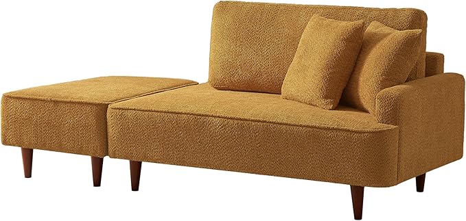 GDFStudio Upholstered Chaise Lounge Chair Indoor with Ottoman, Boucle Fabric Chaise Chair with 2 Throw Pillows and Solid Wood Legs, Recliner Lounge Chair for Office Living Room Bedroom, Orange