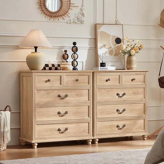 Farmhouse 5 Drawer Dresser Set of 2 for Bedroom, 35" Tall Rustic Chests of Drawers w/ 4 Solid Wood Feet, Mid Century Vintage Wooden Closet Storage Dressers Organizer for Living Room,Natural