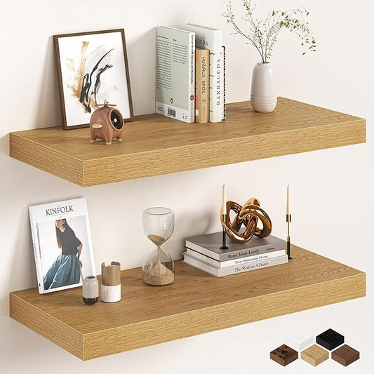 32Inch Oak Floating Shelves for Wall, 12 Inch Deep Shelves for Bedroom, Kitchen, Bathroom Wall Mounted, Rustic Wood Floating Shelf with Invisible Brackets for Books, Storage, Decor, 2 Packs