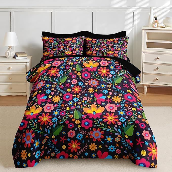 Nesker 7 Pcs Comforter Set Queen Size, Mexican Floral Flower Bedding Set for Kids and Adults, Retro Red Beautiful Sheets Bed Sheet Sets with Fitted Sheet 2 Pillowcases & 2 Shams