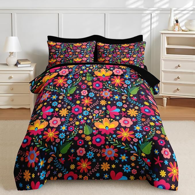 Nesker 5 Pcs Comforter Set Twin Size, Mexican Floral Flower Bedding Set for Kids and Adults, Retro Red Beautiful Bed Sheet Sets with Fitted Sheet Pillowcases & Shams